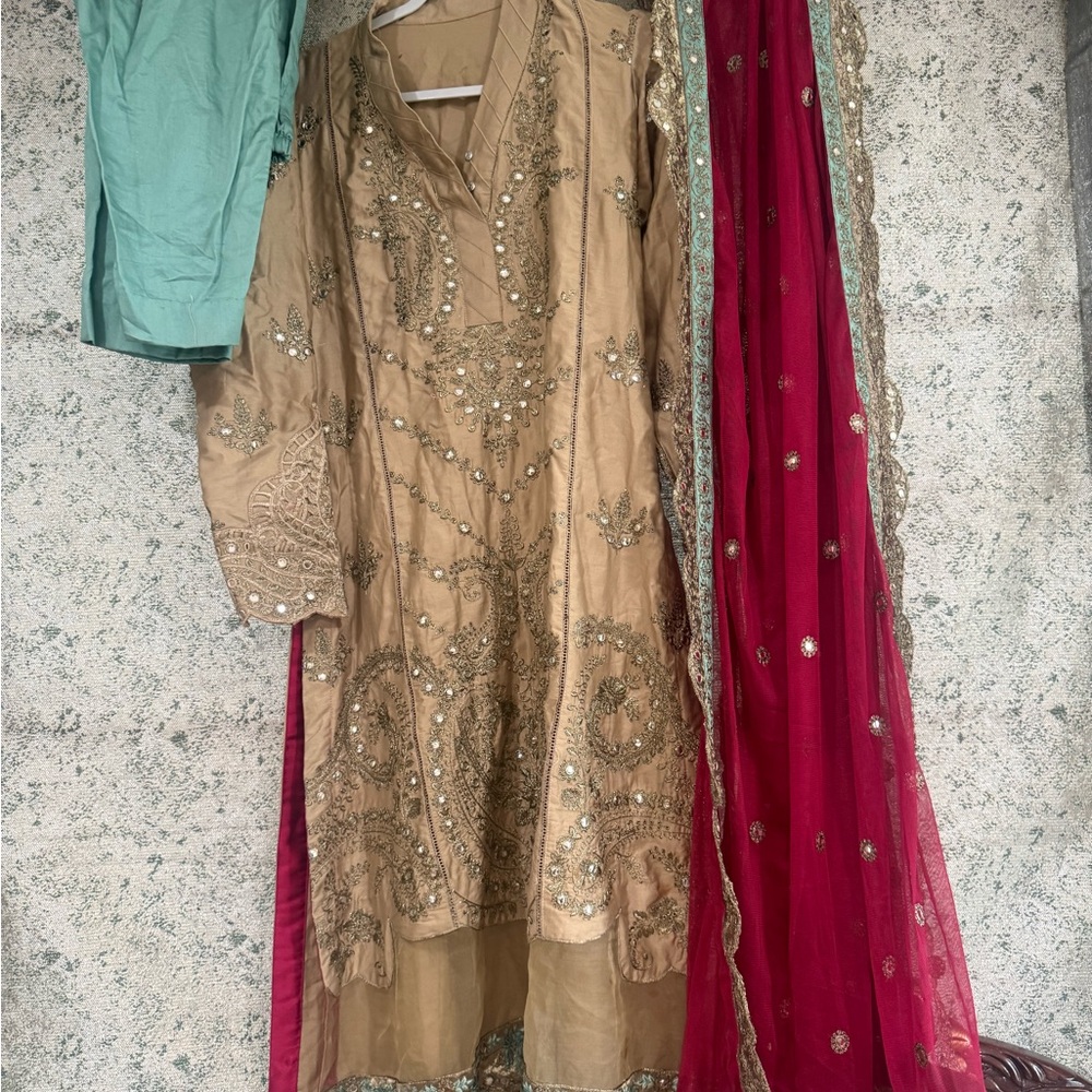 Pakistani Indian Embroidered Gold and Red Traditional Outfit